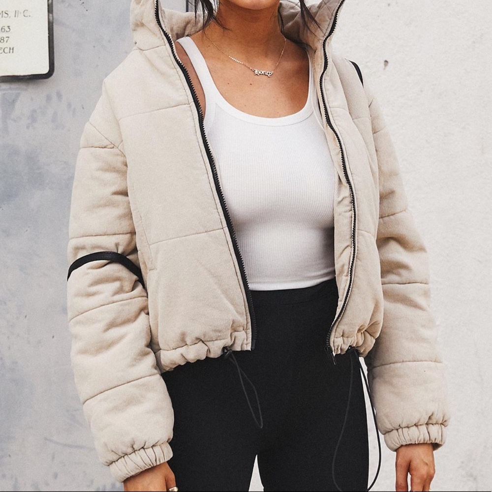 Princess Polly beige corduroy puffer jacket